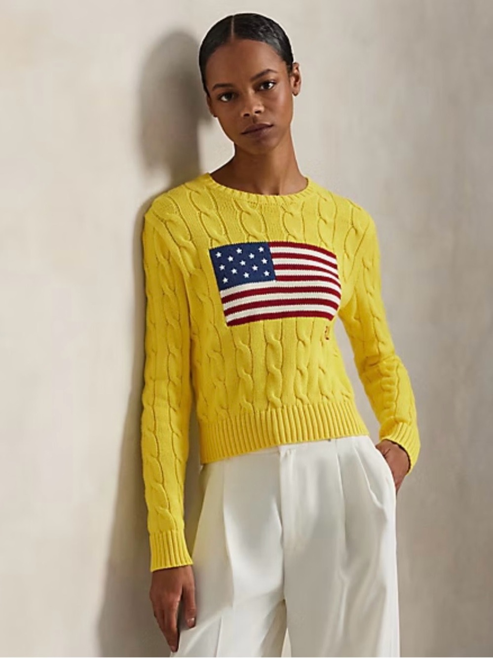 Polo Ralph Lauren bright yellow cable knit cropped flag sweater